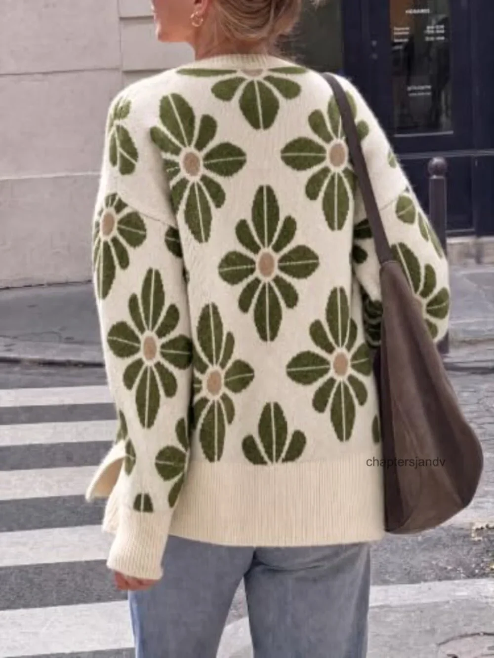 Womens Oversized Floral Chunky Ribbed Knit Sweater Crew Neck Pullover